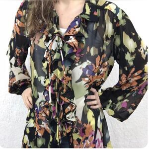 CAbi Multicolor Floral Cascade Ruffle Tie-Front Blouse Boho Fairy Vacation